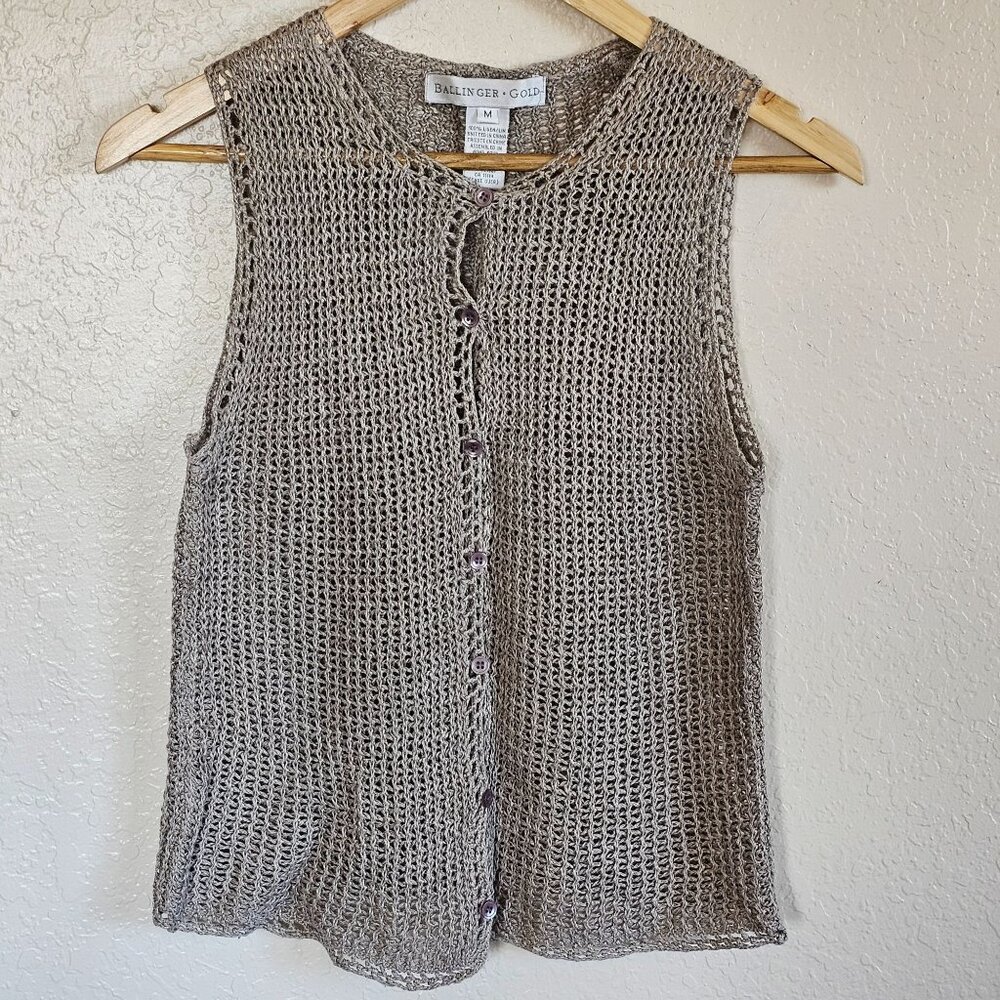 Vtg Ballinger Gold Open Knit Sleeveless Button-Front Top M Neutral BOHO